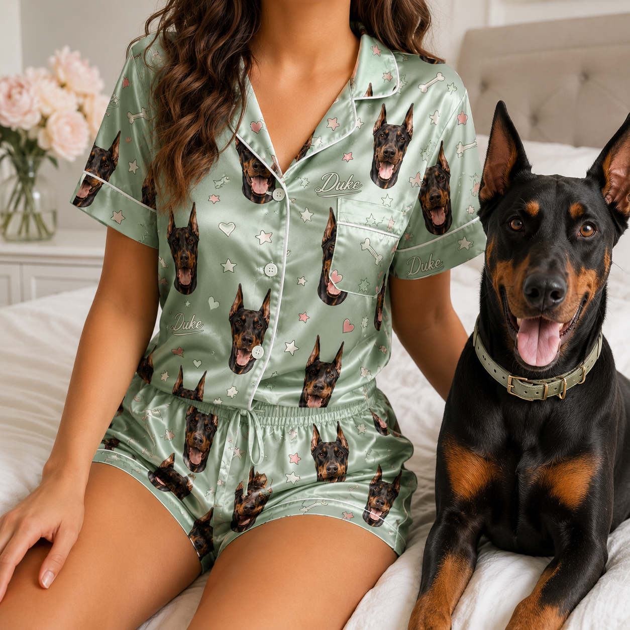 Custom Dog Photo Silk-Look Pajama Set Personalized Nightwear for Women THUC99