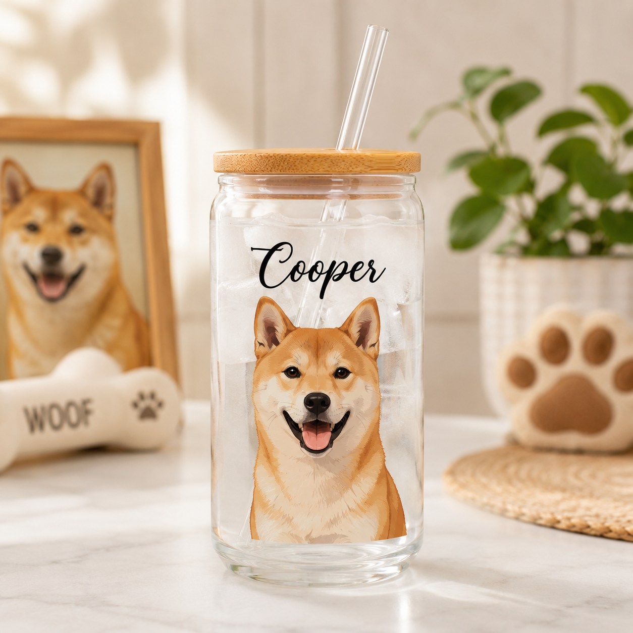 Custom Pet Portrait Sipper Glass – 16oz Personalized Cup with Bamboo Lid and Straw THUC99