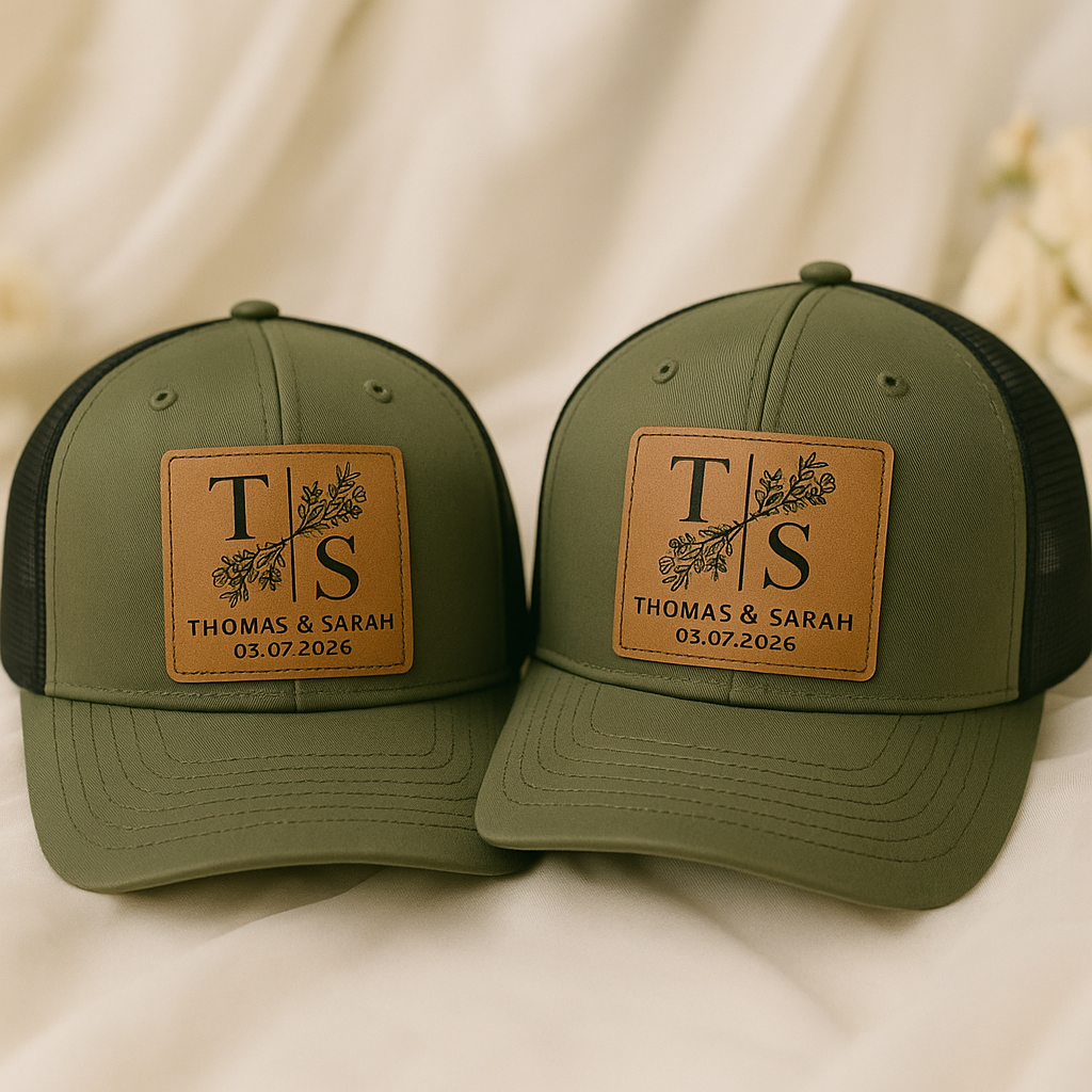 Custom Wedding Hats – Personalized Trucker Caps with Couple Initials & Date, Matching Hats for Bride and Groom VHA163