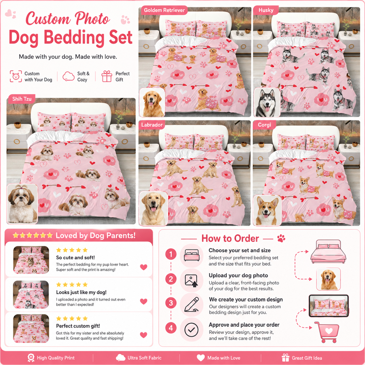 Custom Photo Dog Sheet Set, Personalized Pet Bedding Gift For Dog Mom THUC99