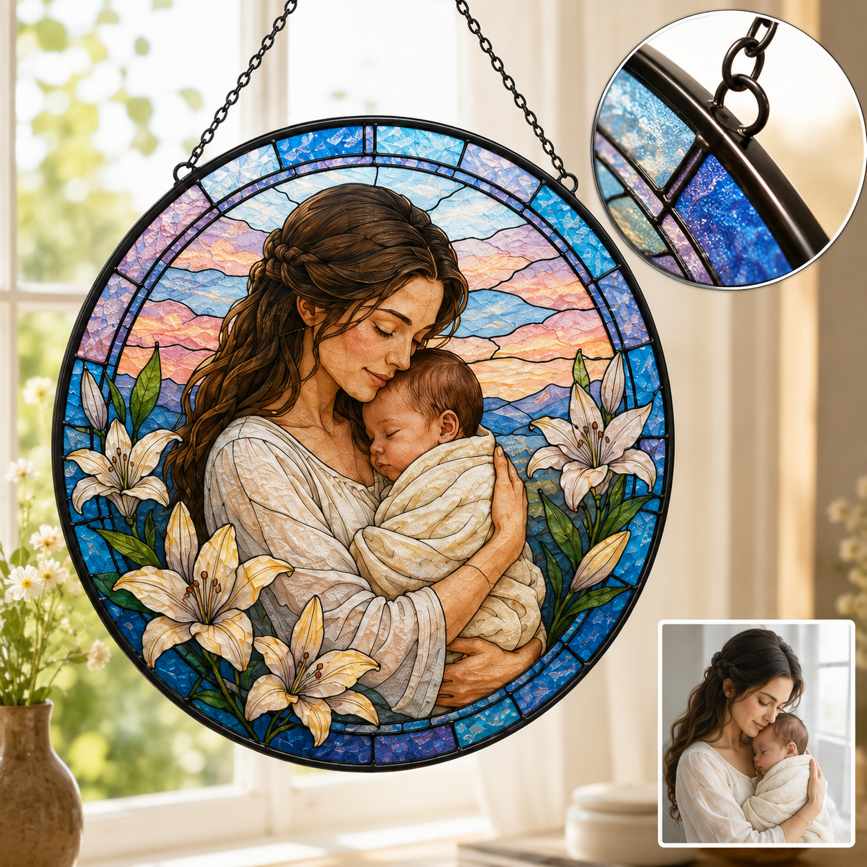 Custom Photo Grandma Stained Glass Suncatcher, Personalized Grandmother Gift Window Hanging THUC99