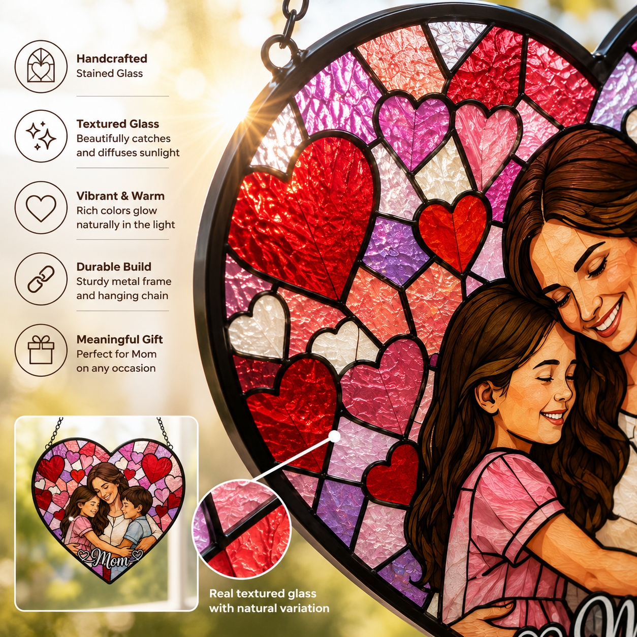 Custom Mom and Daughter Photo Glass Suncatcher, Personalized Family Portrait Window Decor Gift THUC99