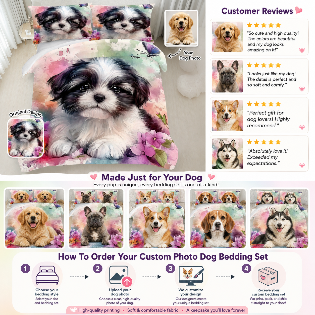 Personalized Pet Bedding Set, Custom Dog Photo Sheet Or Duvet Cover THUC99