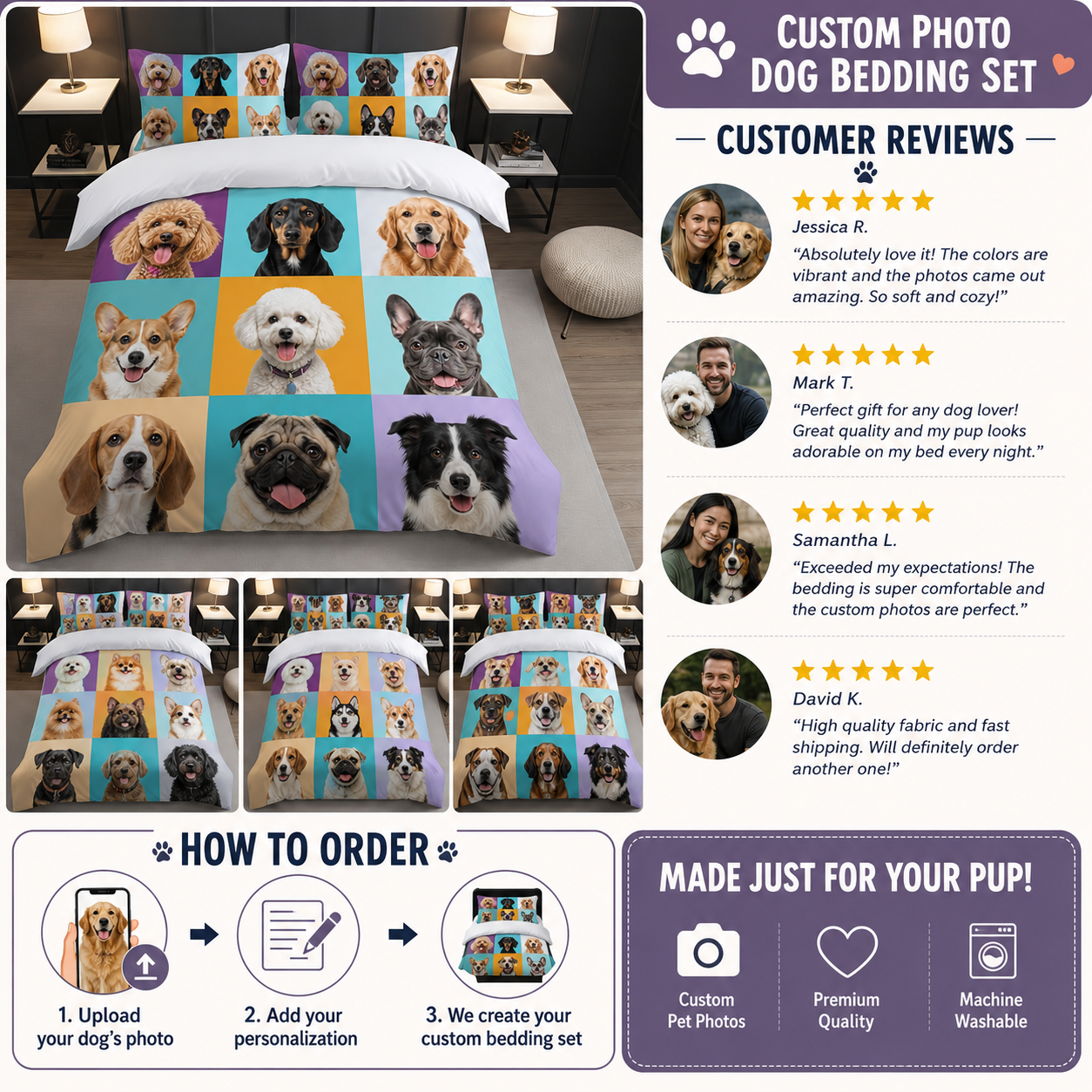 Personalized Pet Portrait Bedding Set, Custom Dog Photo Bed Sheet Set THUC99