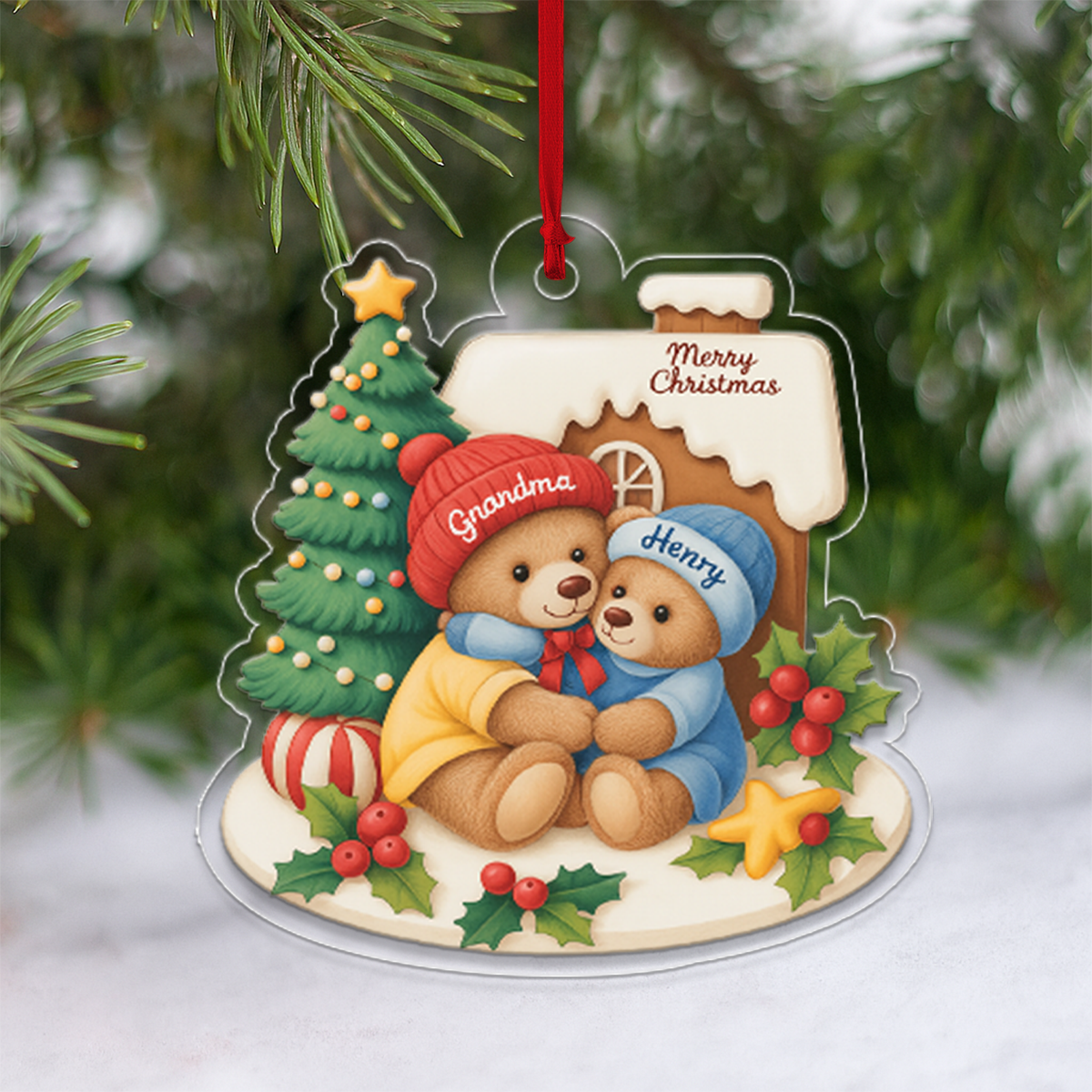 Grandma Bear Hugging Grandkids Personalized Acrylic Ornament2