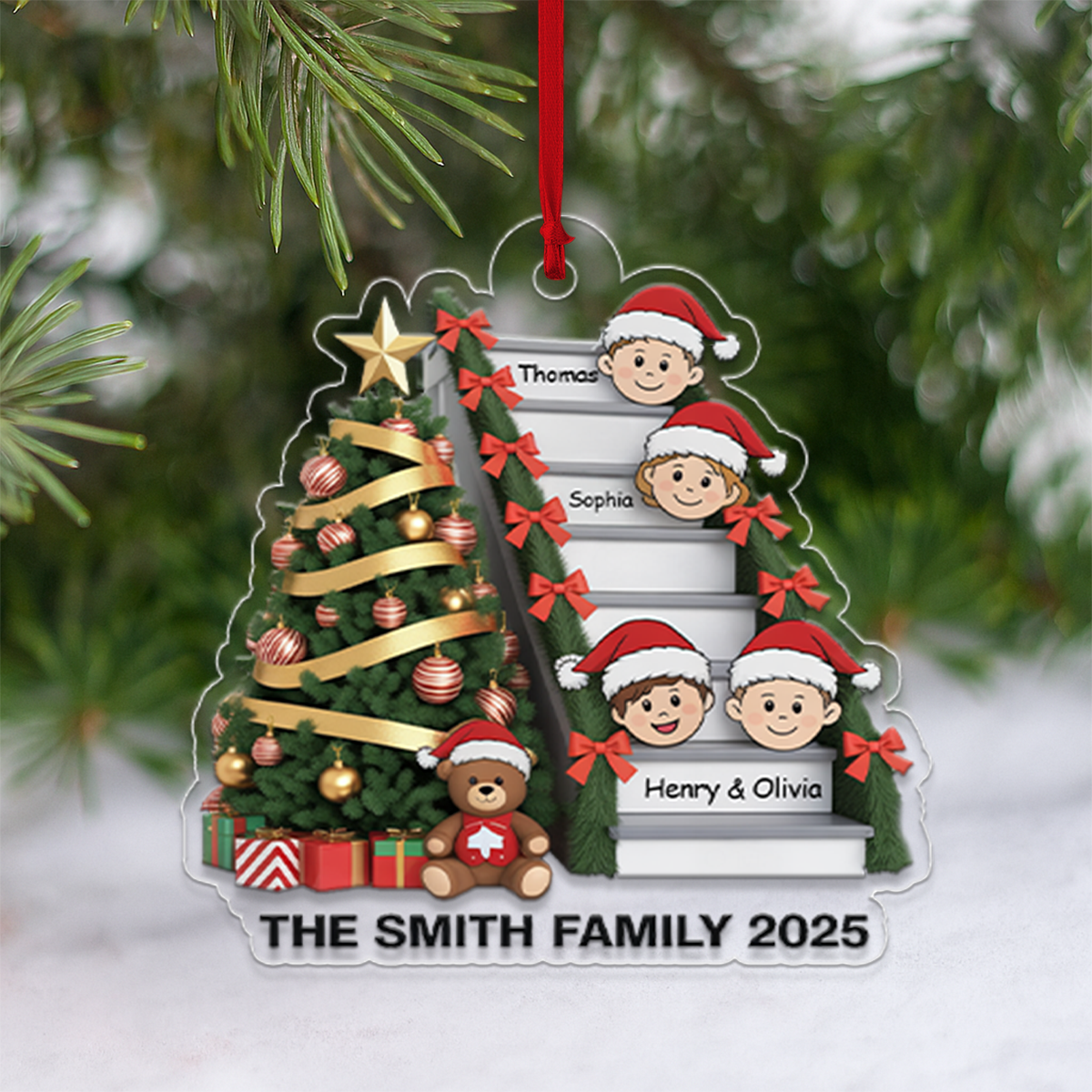 Family Members On Christmas Stairs Personalized Acrylic Ornament