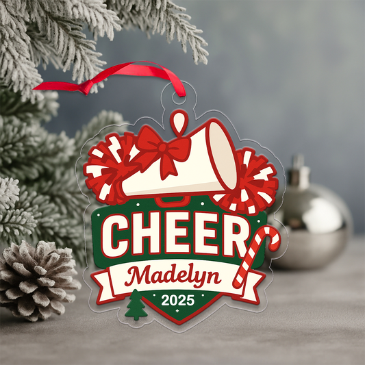 Custom Name Cheerleader, Pom-Poms, Megaphone Acrylic Ornament Christmas Gift