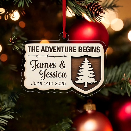 Personalized The Adventure Begins Couple Ornament, Custom Christmas Ornament for Newlyweds, Engagement Gift, Wedding Anniversary Keepsake