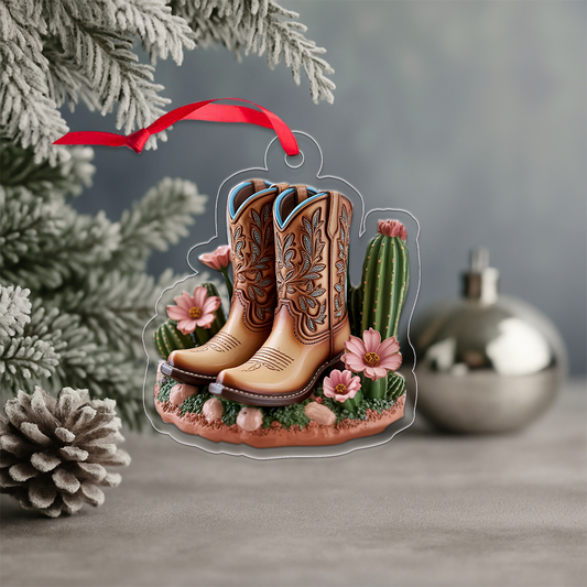 Blooming Western Charm Cowboy Boot Acrylic Ornament Christmas Gift
