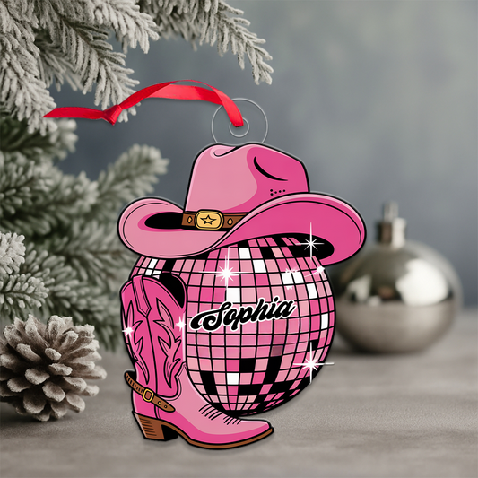 Custom Name Cowboy Boots And Disco Ball Acrylic Ornament Christmas Gift