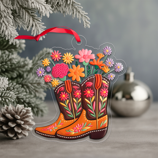 Custom Name Flower Cowgirl Boots Acrylic Ornament Christmas Gift