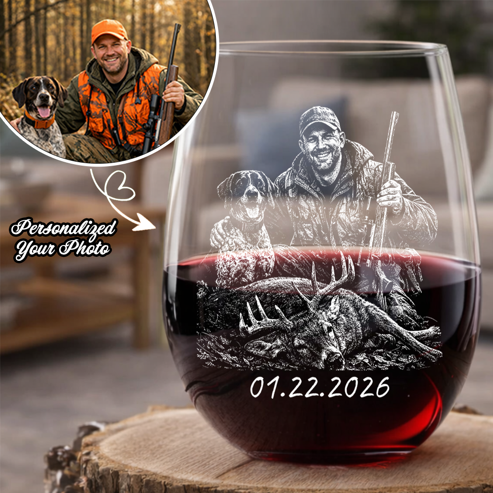 Custom Photo Hunting Memorial Stemless Wine Glass, Personalized In Loving Memory Gift THUC99