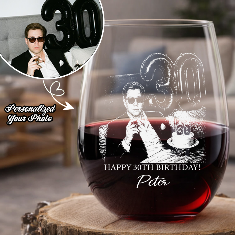 Custom Photo 30th Birthday Stemless Wine Glass, Personalized Birthday Gift THUC99