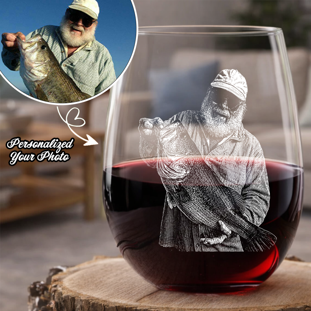 Custom Photo Fishing Memorial Stemless Wine Glass, Personalized In Loving Memory Gift THUC99