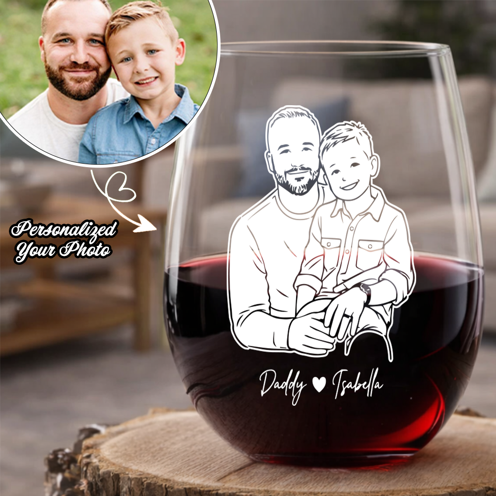Custom Photo Dad Artwork Stemless Wine Glass, Personalized Gift for Father's Day THUC99