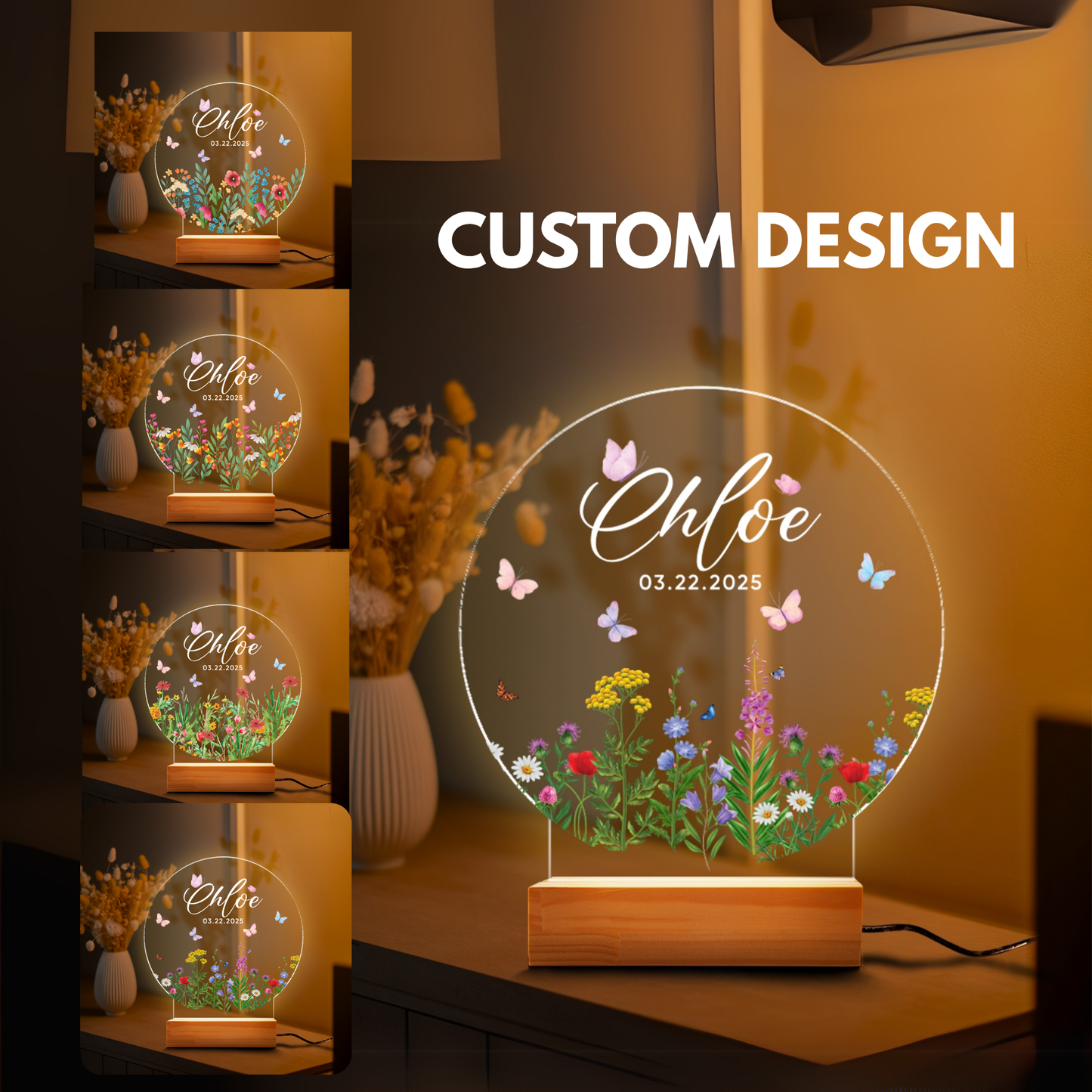 TNN041 Birthday Gift for Her, Custom Floral Butterfly Name Night Light, Christening Gift, Baptism Gift for Kids, Custom Baby Night Light with Name
