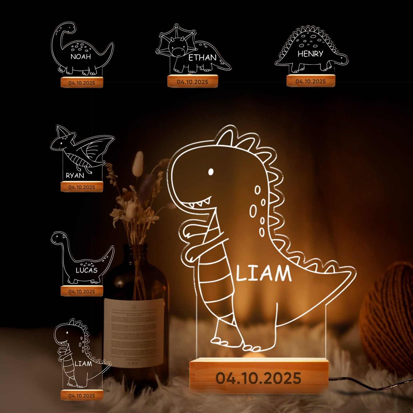 TNN050 Personalized Kids Night Light Dinosaur for Kids Perfect Birthday Gift for Girls or Boys Custom Name Handmade Led Kids Bedroom Decor