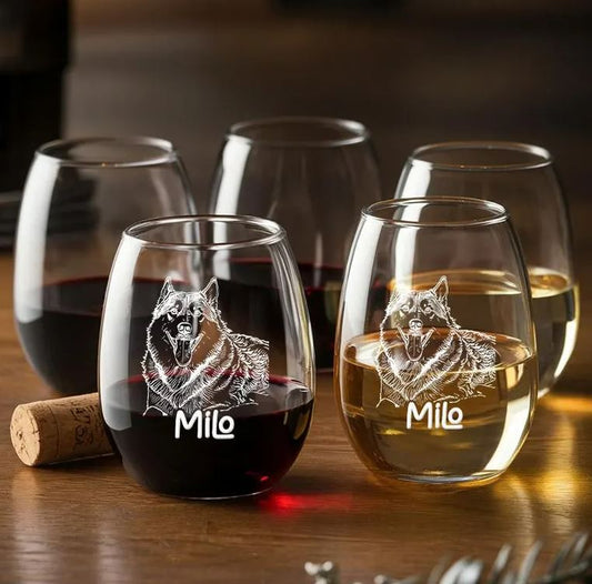 Custom Photo Pet Stemless Wine Glass | Personalized Gift for Pet Owners | Engraved Wine Glass