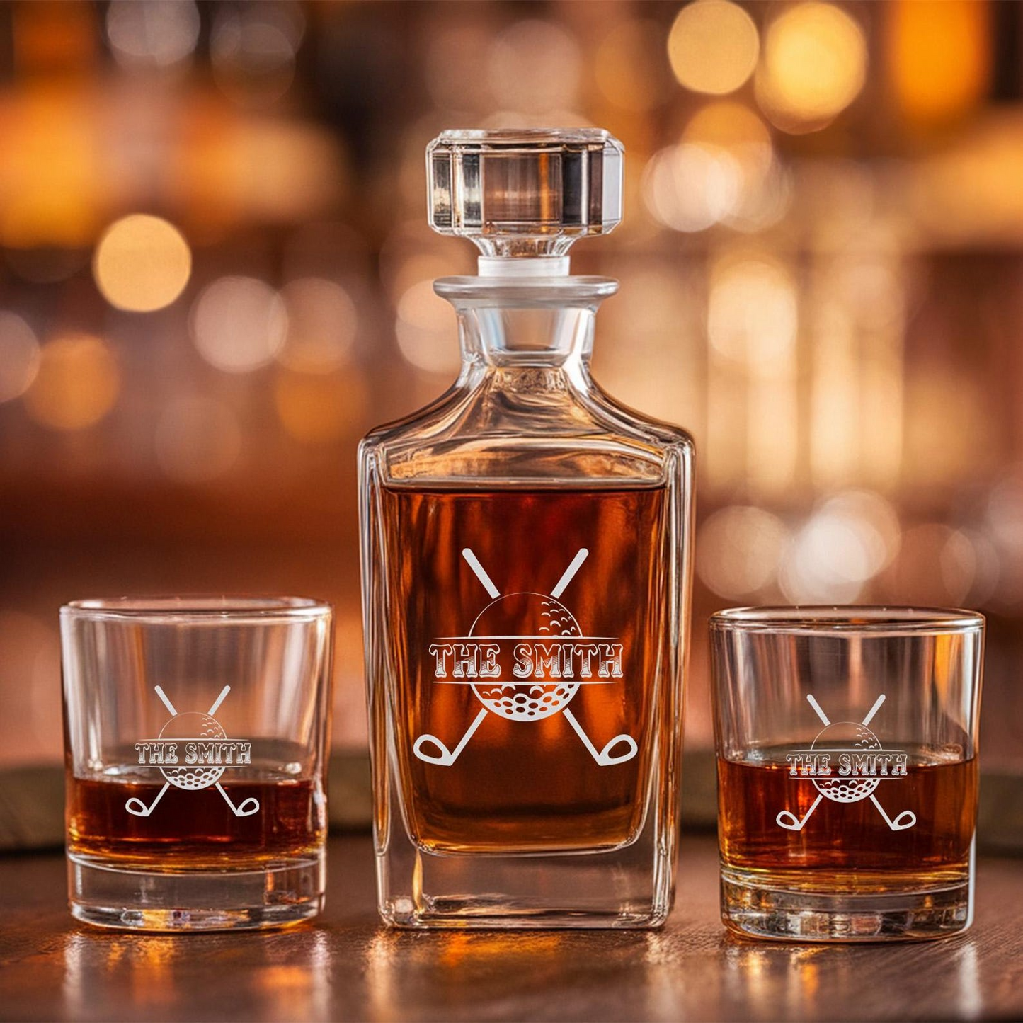 Golf Personalized Classic Whiskey Glass And Decanter Set | Engraved Gift For Retirement