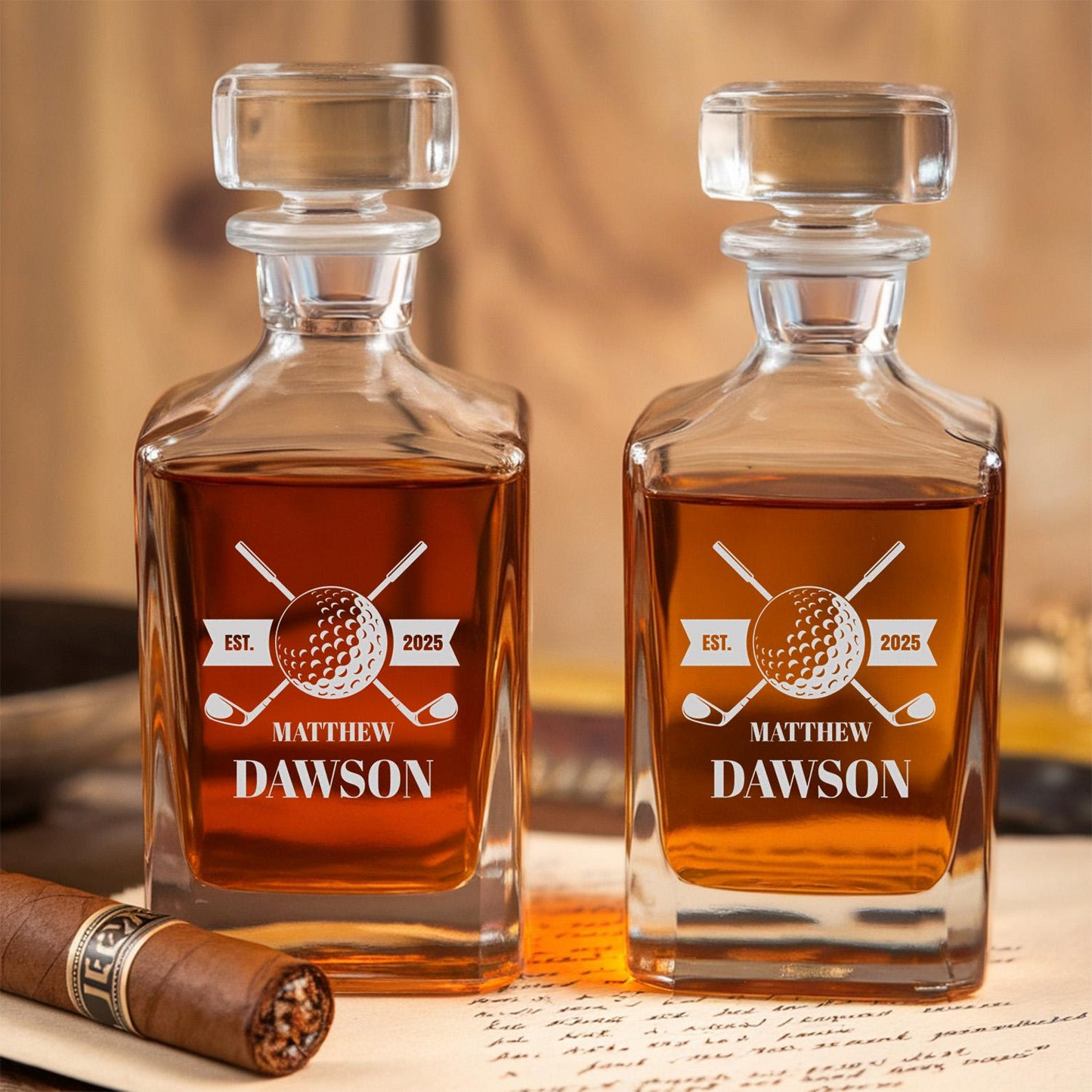 Golf Personalized Classic Whiskey Glass And Decanter Set | Engraved Gift For Retirement