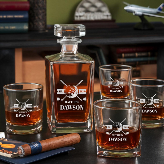 Golf Personalized Classic Whiskey Glass And Decanter Set | Engraved Gift For Retirement