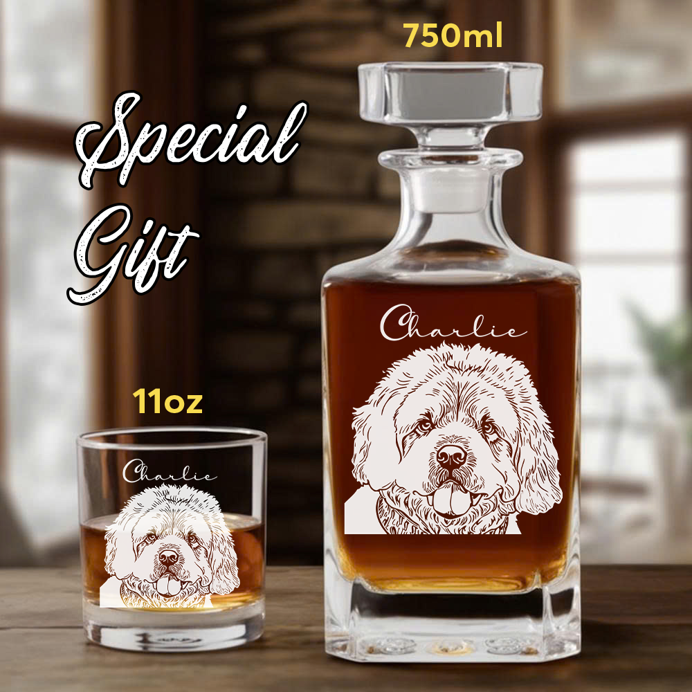 Custom Dog Photo Decanter & Whiskey Glass Set – Custom Name Glass Dog Lover Gift THUC99DP07