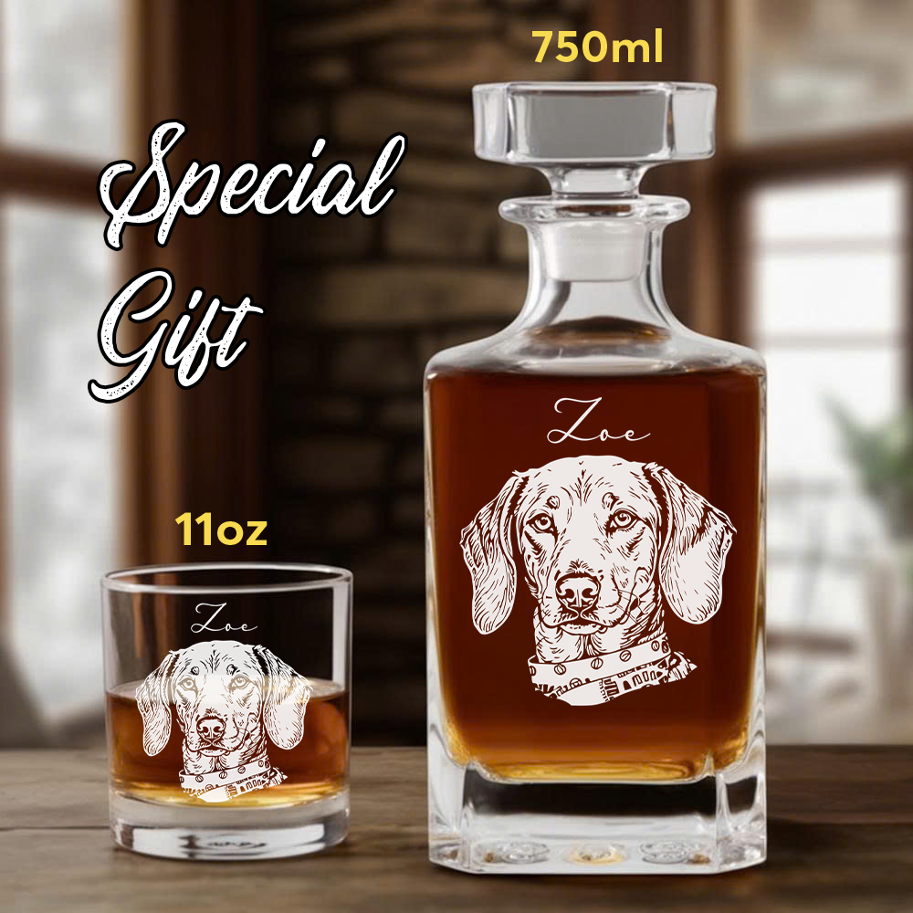 Personalized Dog Whiskey Decanter Set – Custom Photo & Name Glass – 11oz Gift for Pet Lovers