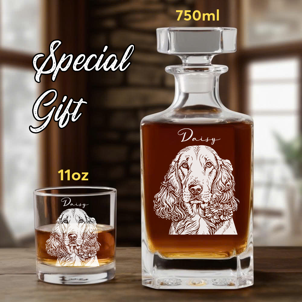 Personalized Dog Whiskey Decanter Set – Custom Pet Photo & Name Engraved Glass 11oz Gift THUC99DP05