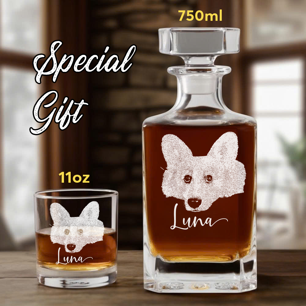 Custom Photo Dog Whiskey Set – Dog Mom Personalized Decanter Set Glass Gifts THUC99DP09