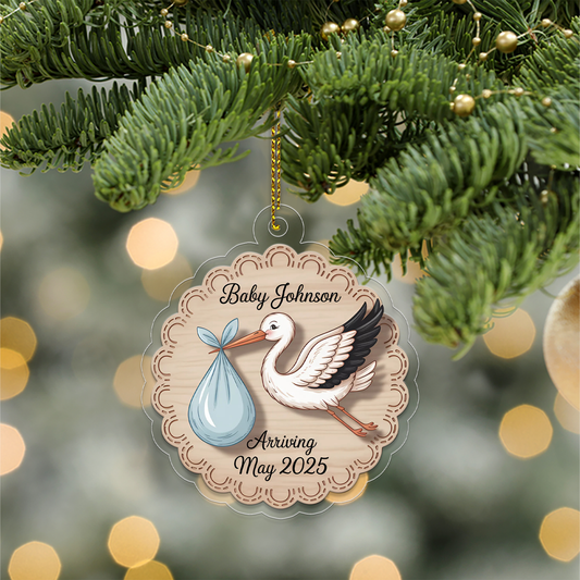 Personalized Stork Baby Announcement Ornament, Christmas Decor, Baby Coming Next Year Ornament, New Baby Arriving 2025