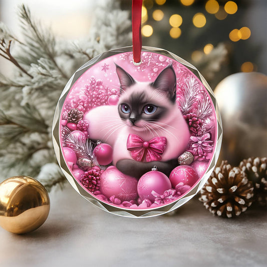 Siamese Cat Pink Christmas Design 3 Glass Ornament