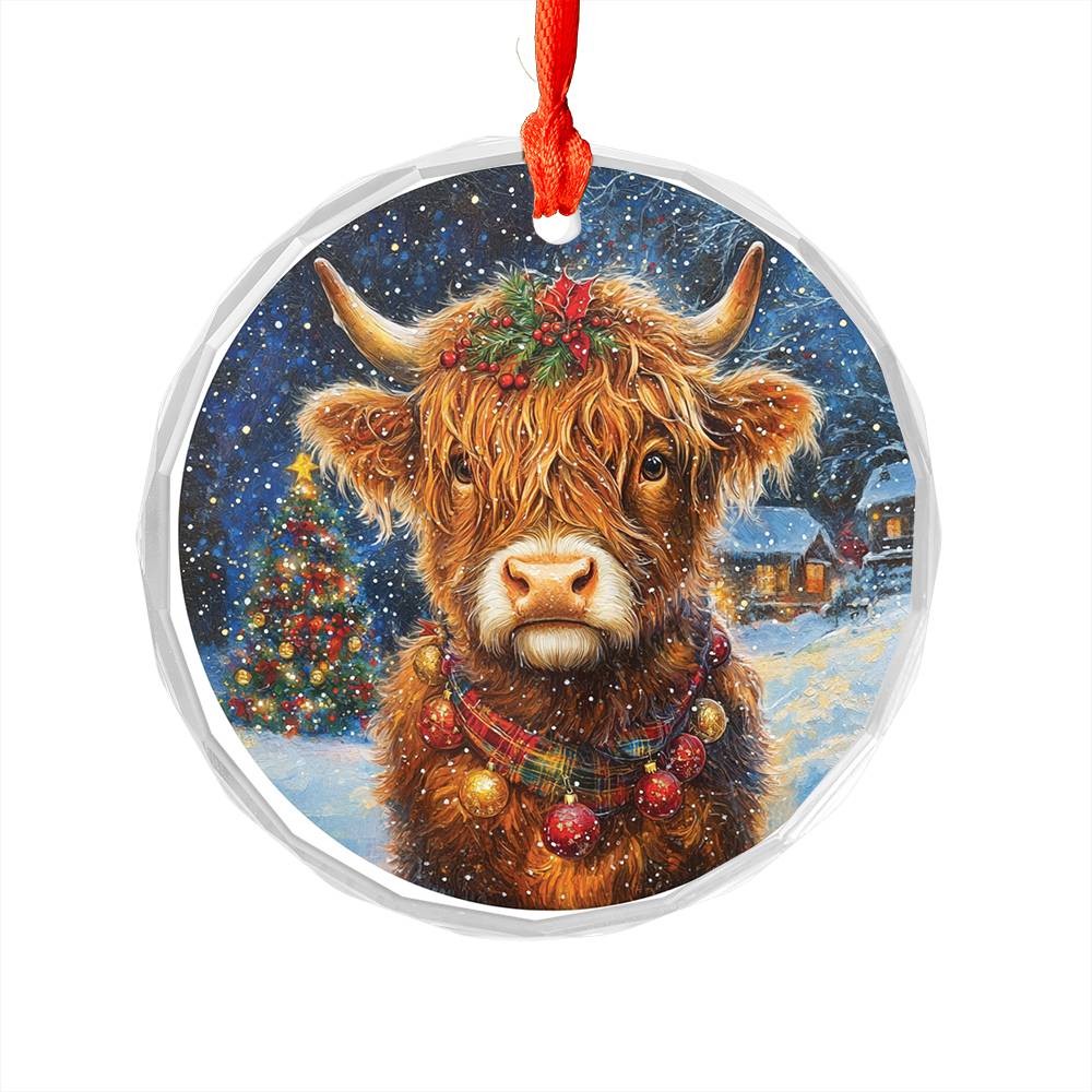 Beautiful Highland Cow Christmas Night Design 2 Glass Ornament