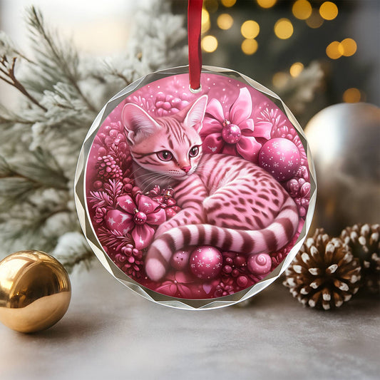 Savannah Cat Pink Christmas Design 1 Glass Ornament