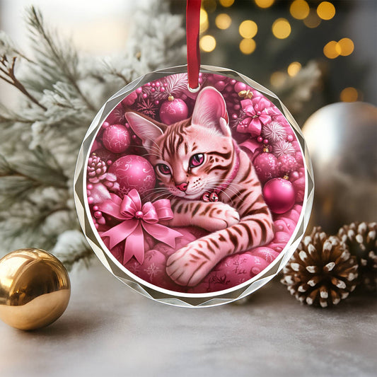 Savannah Cat Pink Christmas Design 2 Glass Ornament