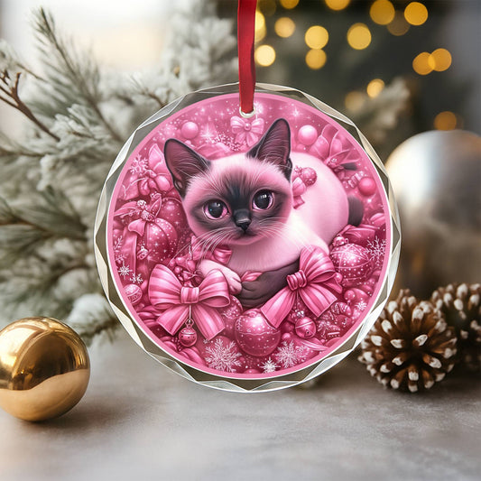 Siamese Cat Pink Christmas Design 1 Glass Ornament