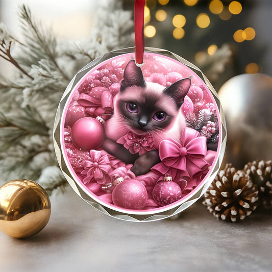 Siamese Cat Pink Christmas Design 2 Glass Ornament