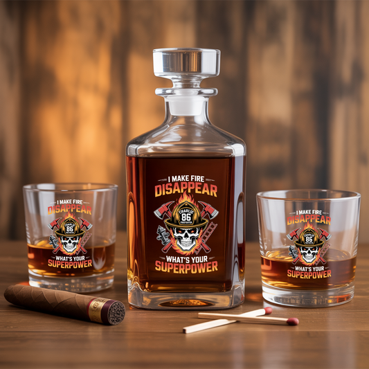Personalized I Make Fire Disappear What's Your Superpower Decanter, Gift For Fireman Decanter With Whiskey Glasses Set, First Responder Gift TNN024