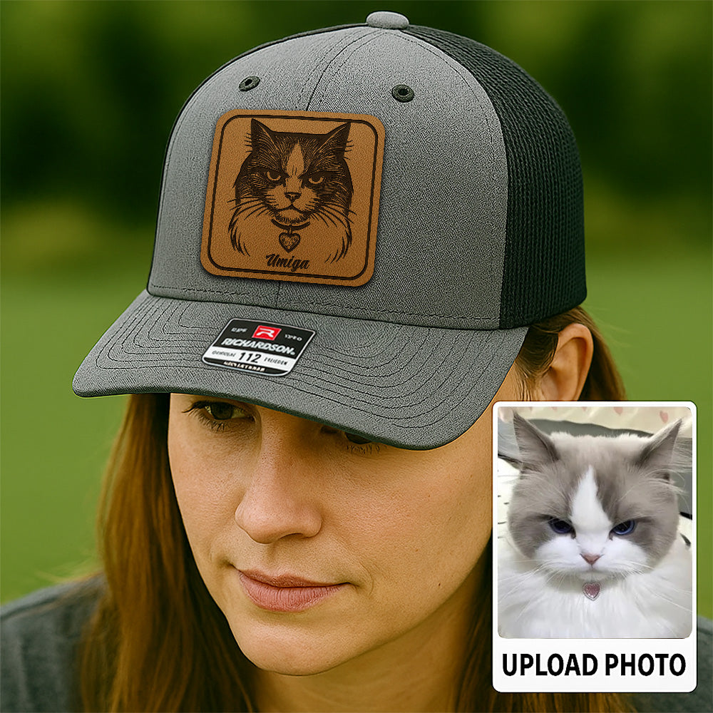 Custom Cat Photo Trucker Hat | Personalized Cat Patch Leather Patch Hat | Gift For Cat Lovers TNGANSP026