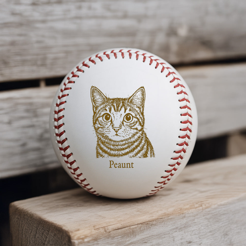 Custom Cat Photo Baseball Gift, Engraved Pet Portrait Photo Baseball Ball, Cat Memorial Keepsake TNBA032