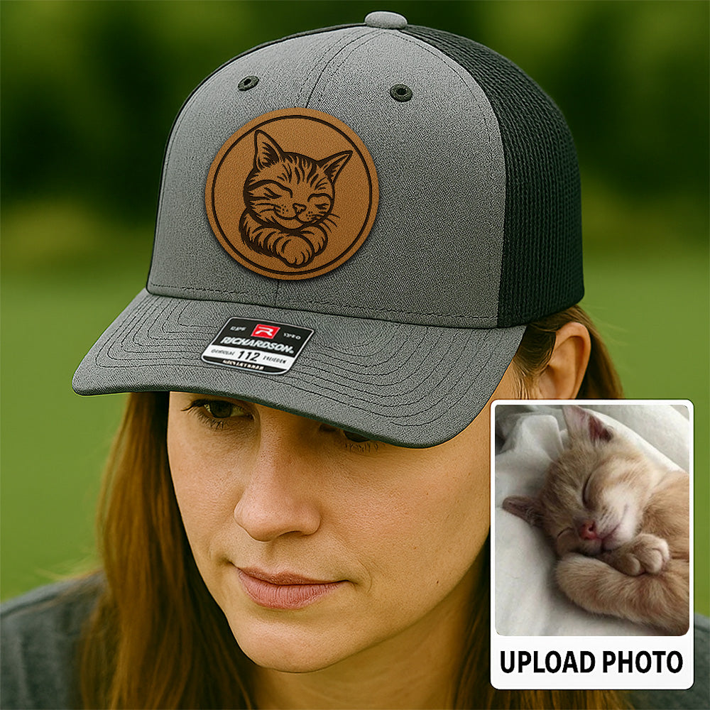 Custom Cat Photo Trucker Hat | Personalized Cat Photo Leather Patch Hat | Gift For Cat Lover TNGANSP033