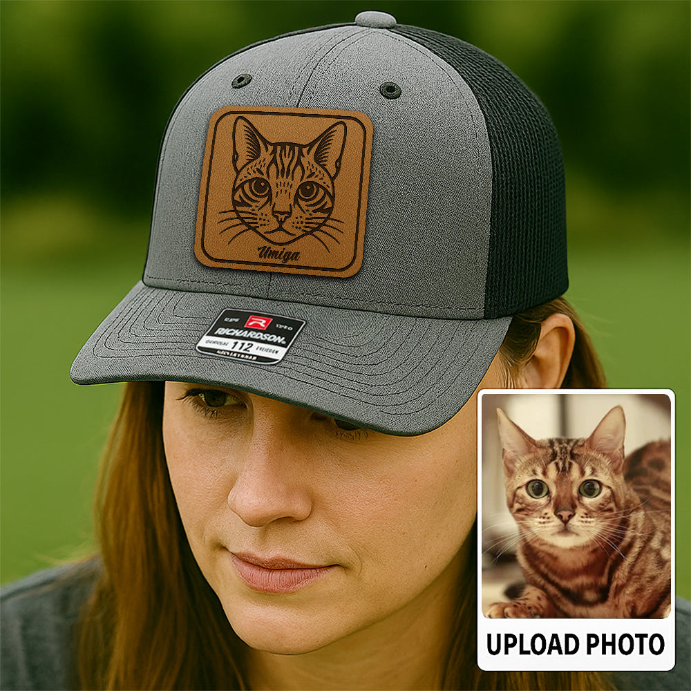 Custom Cat Photo Trucker Hat | Personalized Cat Patch Leather Patch Hat | Gift For Cat Lovers TNGANSP034