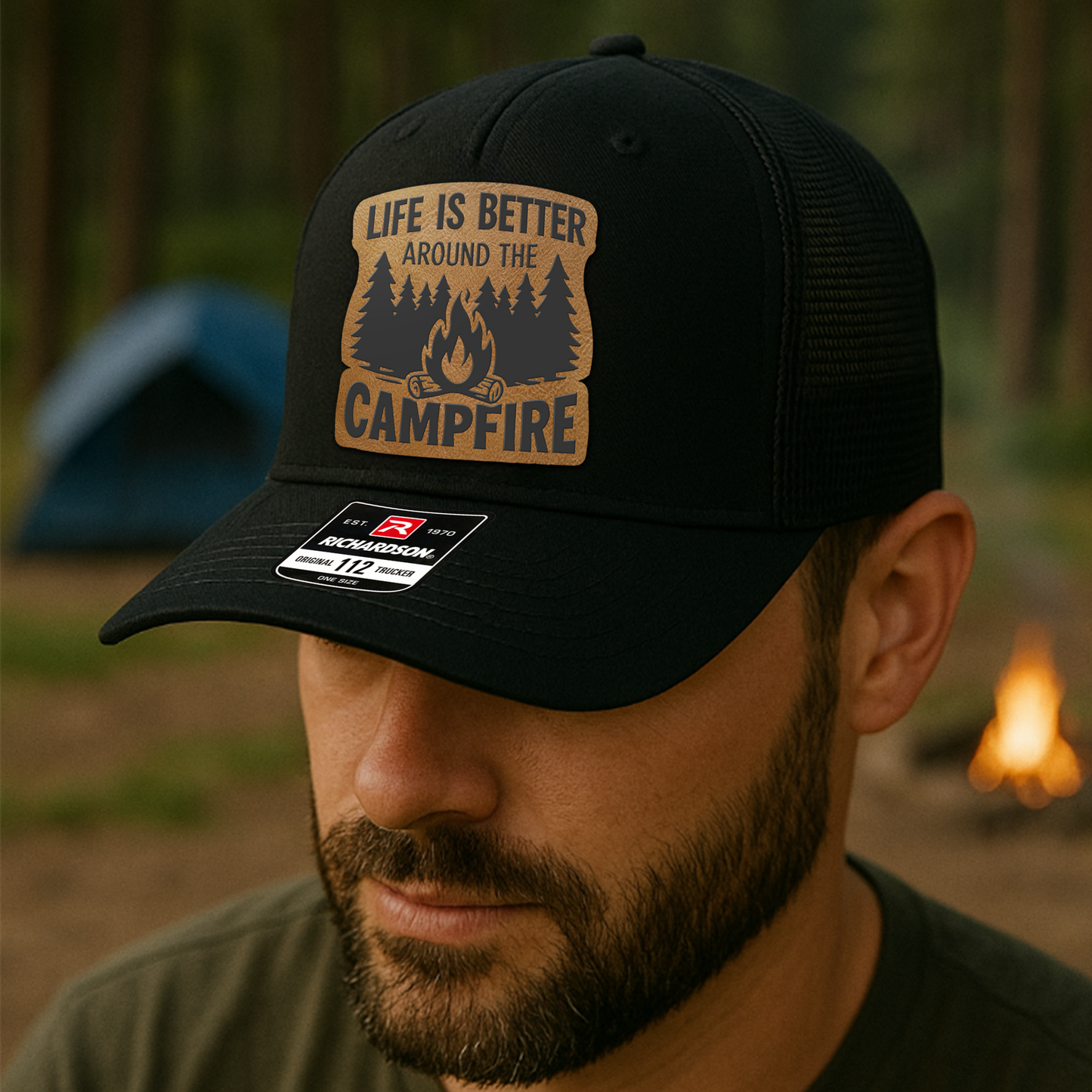 Custom Campfire Trucker Hat – “Life Is Better Around the Campfire” Richardson 112 Outdoor Cap VHA163