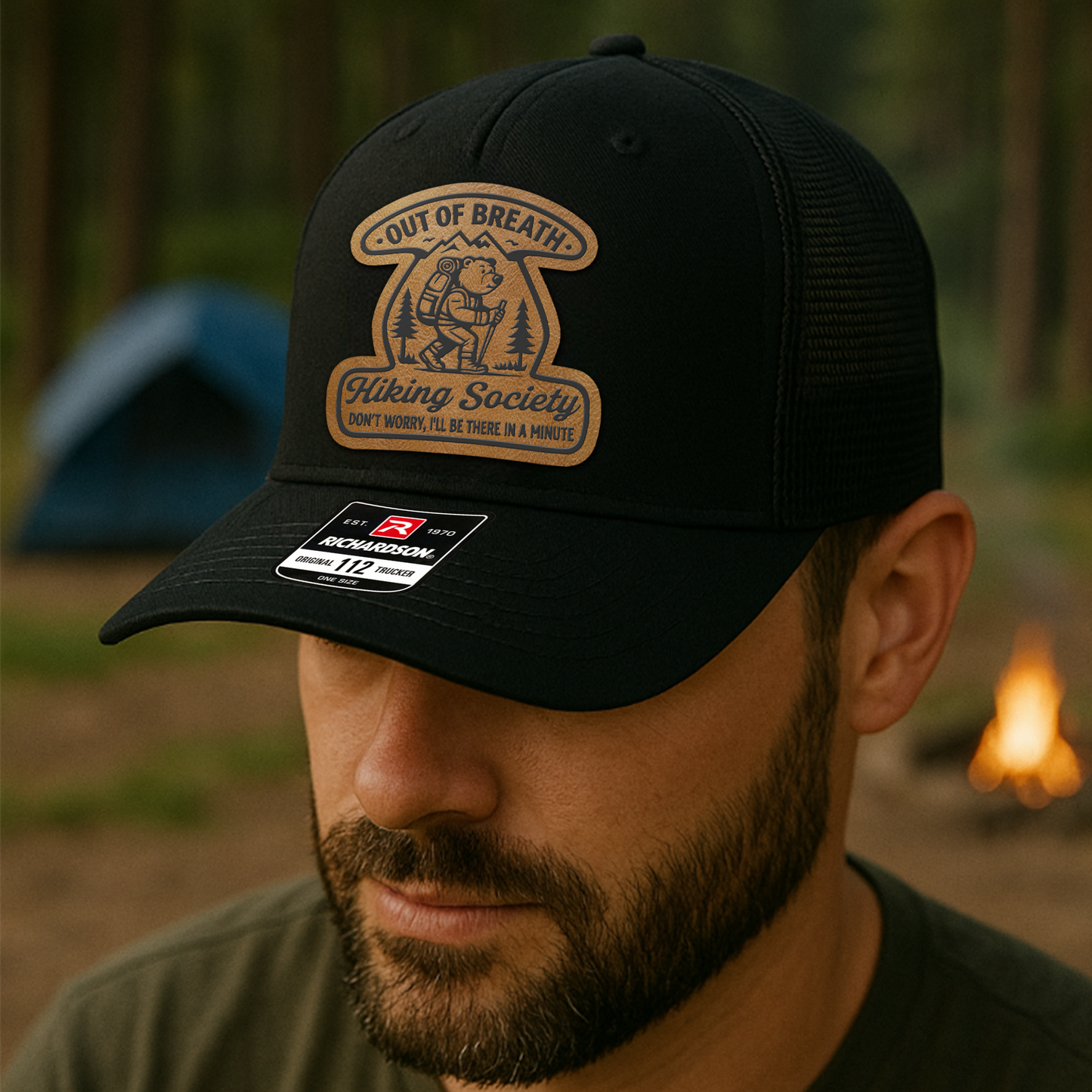 Custom Hiking Trucker Hat – “Out of Breath Hiking Society” Funny Bear Patch VHA163