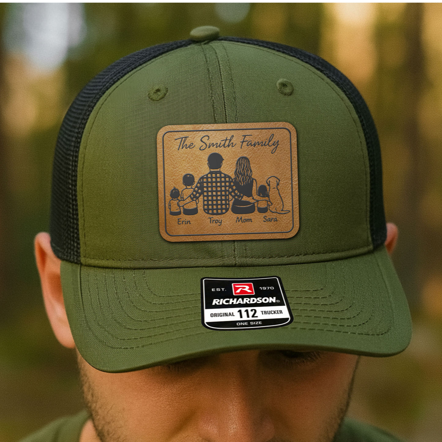 Custom Family Trucker Hat – Personalized Family Portrait Patch Cap with Names for Dad, Mom & Kids VHA163