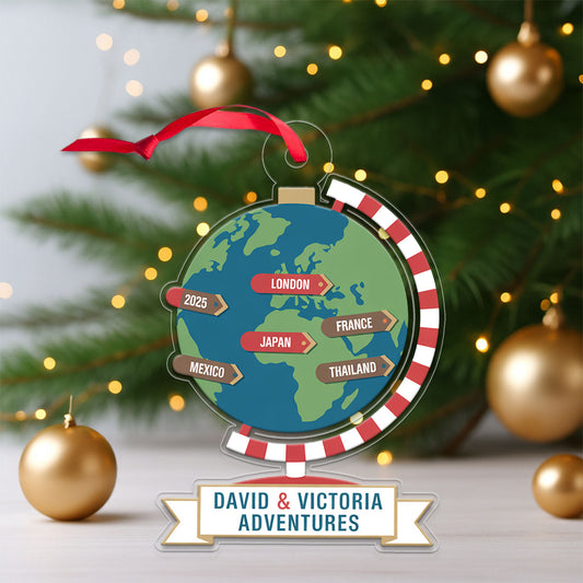 Personalized Travel Adventure Ornament, Couples Ornament, Custom Traveling Destination Ornament, Travel Gift, Gift for Travelers