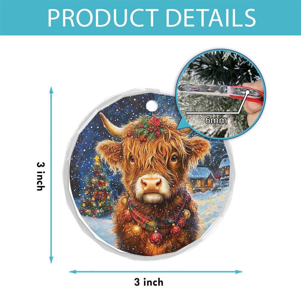 Beautiful Highland Cow Christmas Night Design 2 Glass Ornament