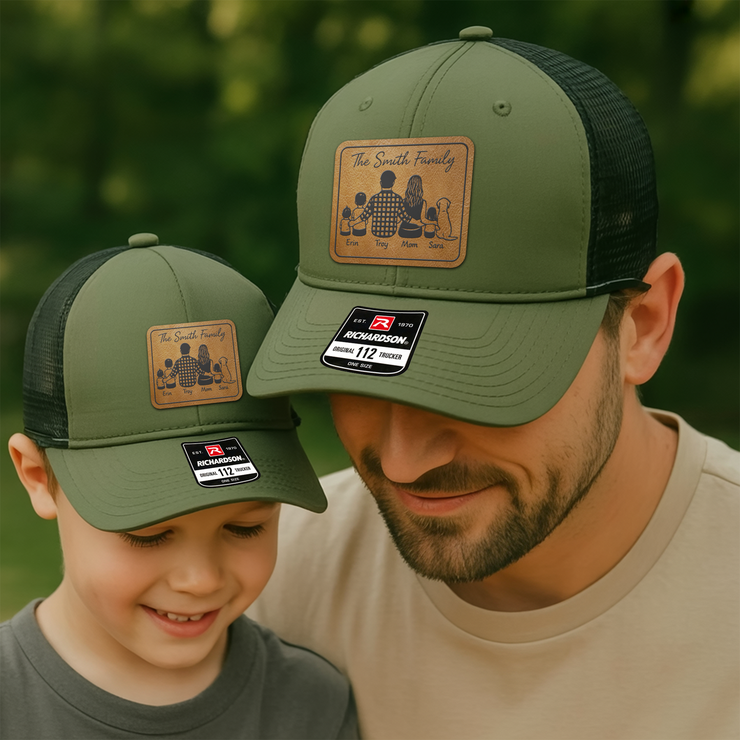 Custom Family Trucker Hat – Personalized Family Portrait Patch Cap with Names for Dad, Mom & Kids VHA163