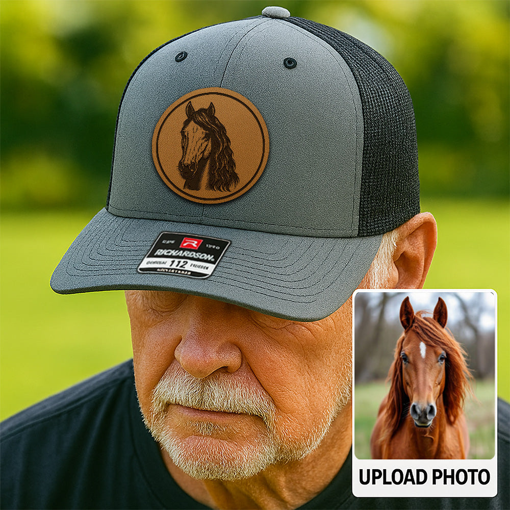Personalized Photo Leather Patch Hat | Custom Horse Photo Trucker Hat | Gift For Pet Owners THUC99P10