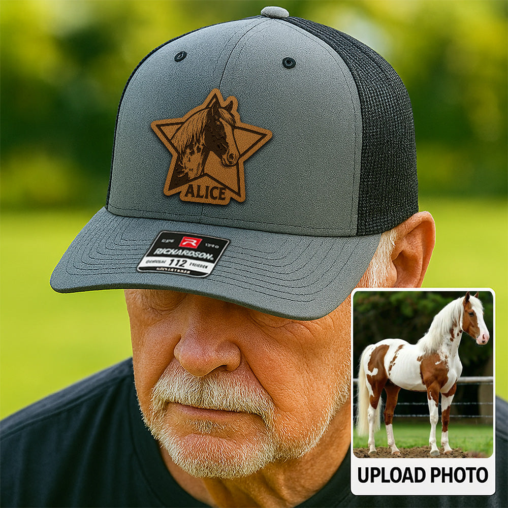 Personalized Horse Photo Leather Patch Hat | Custom Pet Photo Trucker Hat | Unique Gift For Horse Lovers THUC9909