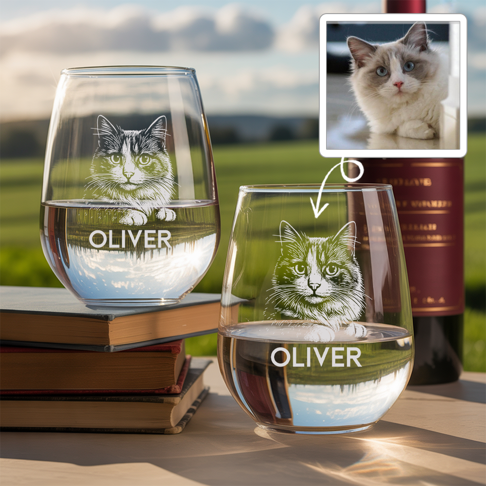 Custom Photo Cat Stemless Wine Glass | Cat Photo Stemless Wine Glass | Cat Lover Gift TNNGL10